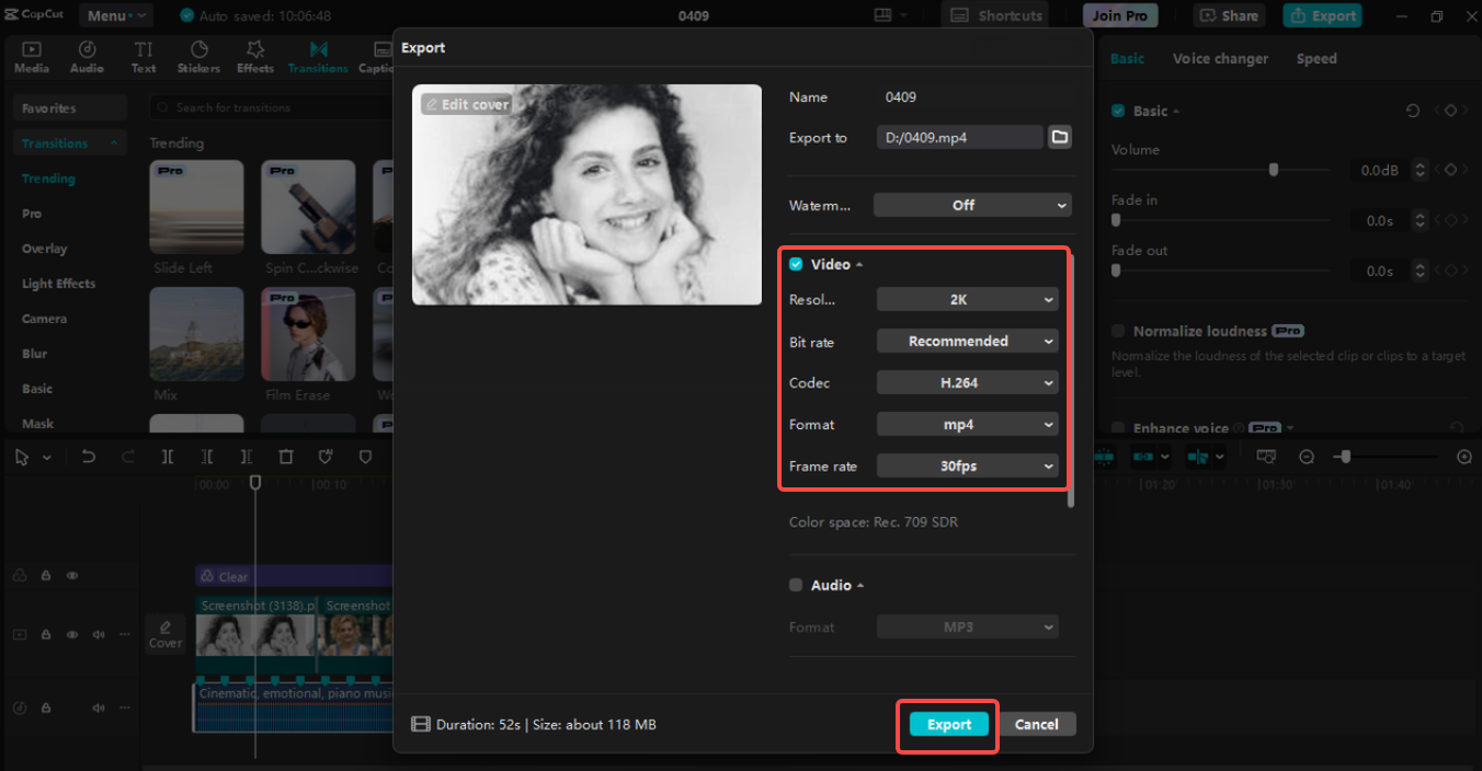 Exporting the slideshow in CapCut