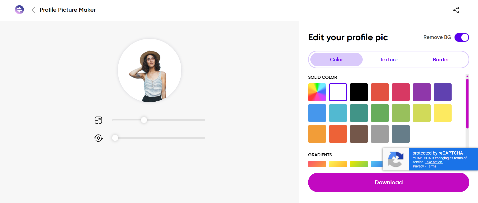 Interfață Quicktools care arată redimensionarea fotografiilor de profil, îmbunătățiri AI și instrumente de editare