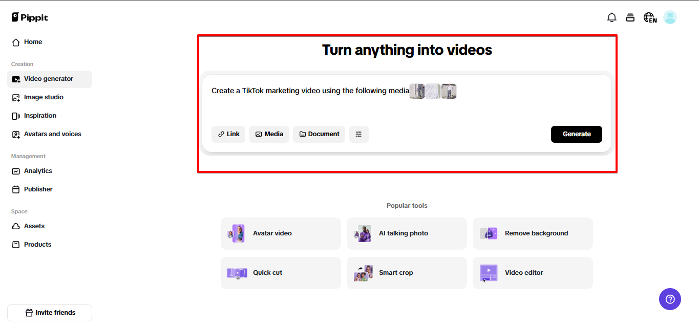 Pippit에 비디오 입력 제공