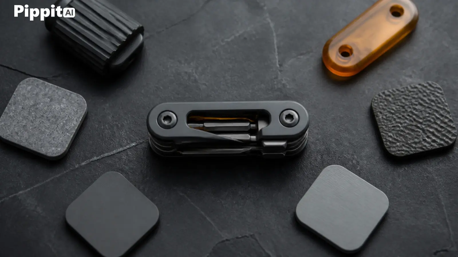 Black multitool surrounded by sample material swatches on a dark surface