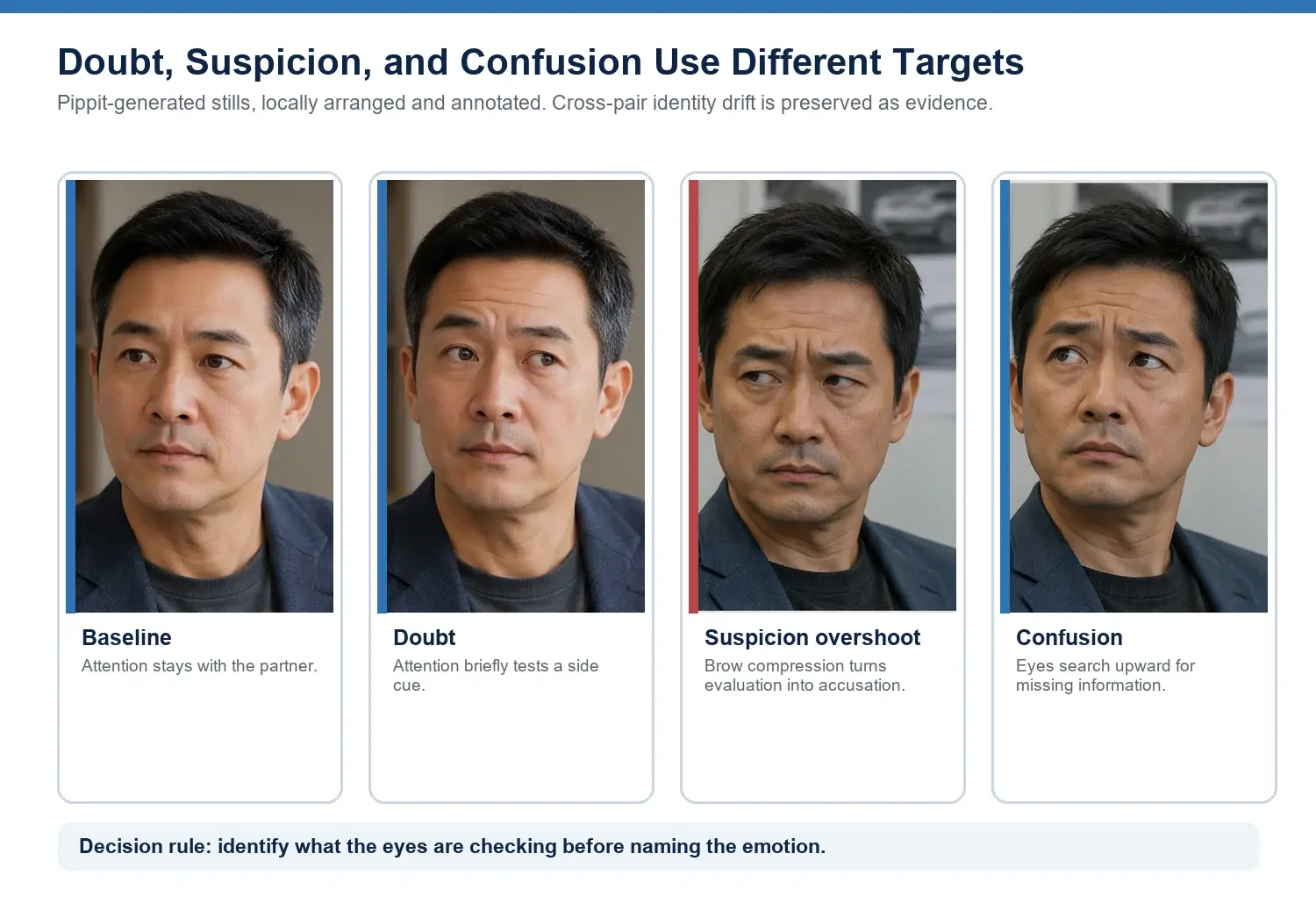 Four labeled portraits of a man showing baseline, doubt, suspicion overshoot, and confusion