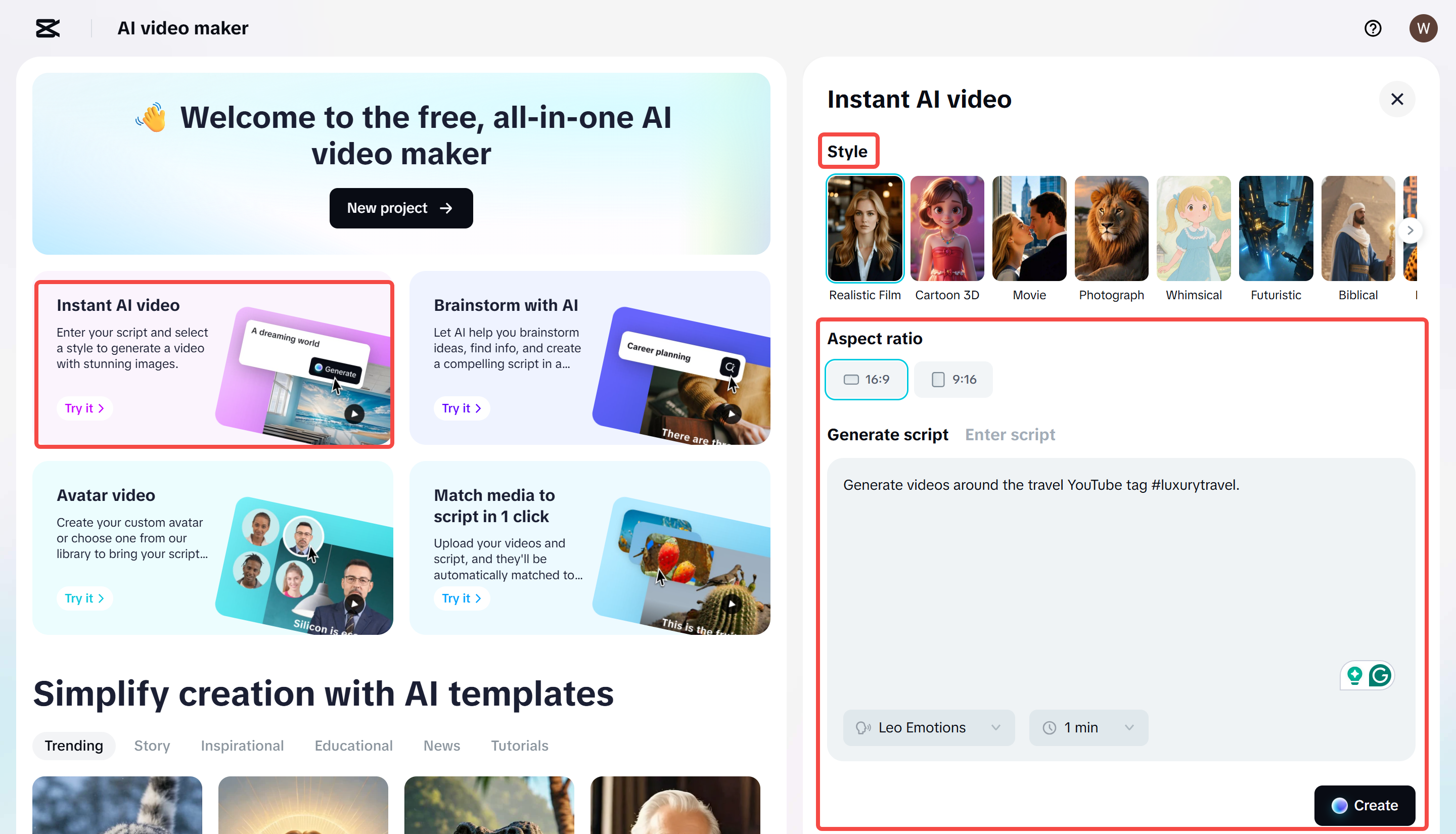 Generating a video with script in CapCut Web