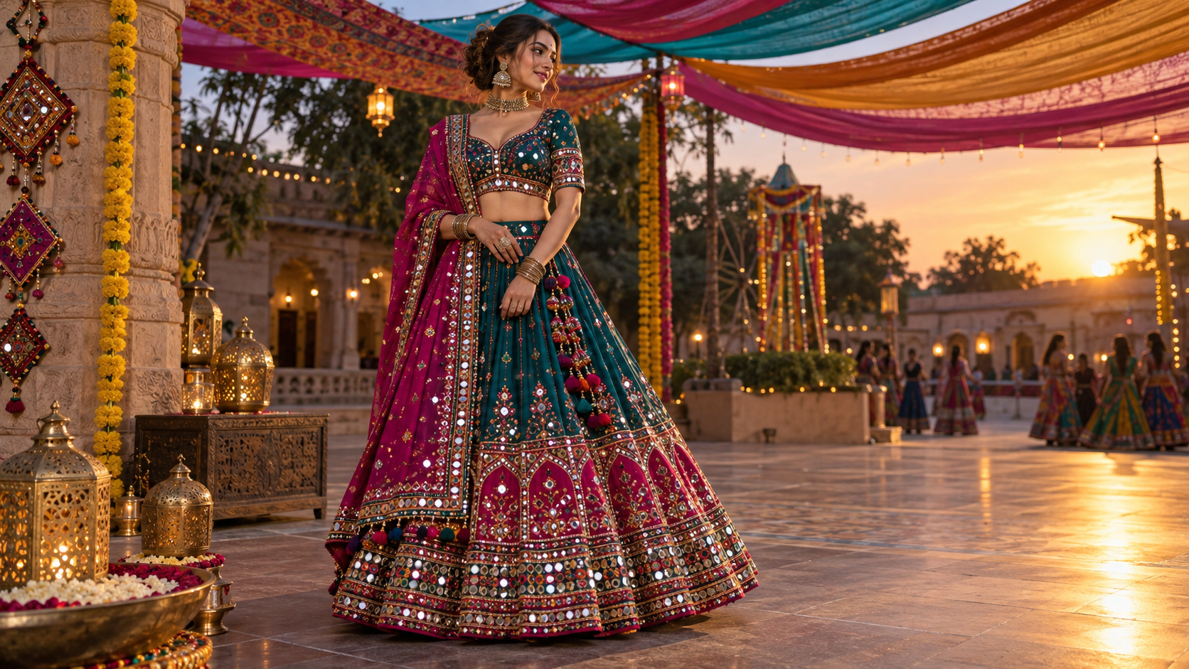 Foto AI Chaniya Choli: Tampilan Editorial Teal-and-Magenta
