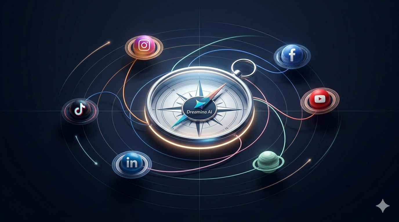 Dreamina IA gerando visuais de marca de mídia social com cores consistentes com a marca, modelos reutilizáveis e conteúdo de movimento de imagem para vídeo para feeds sociais e histórias.