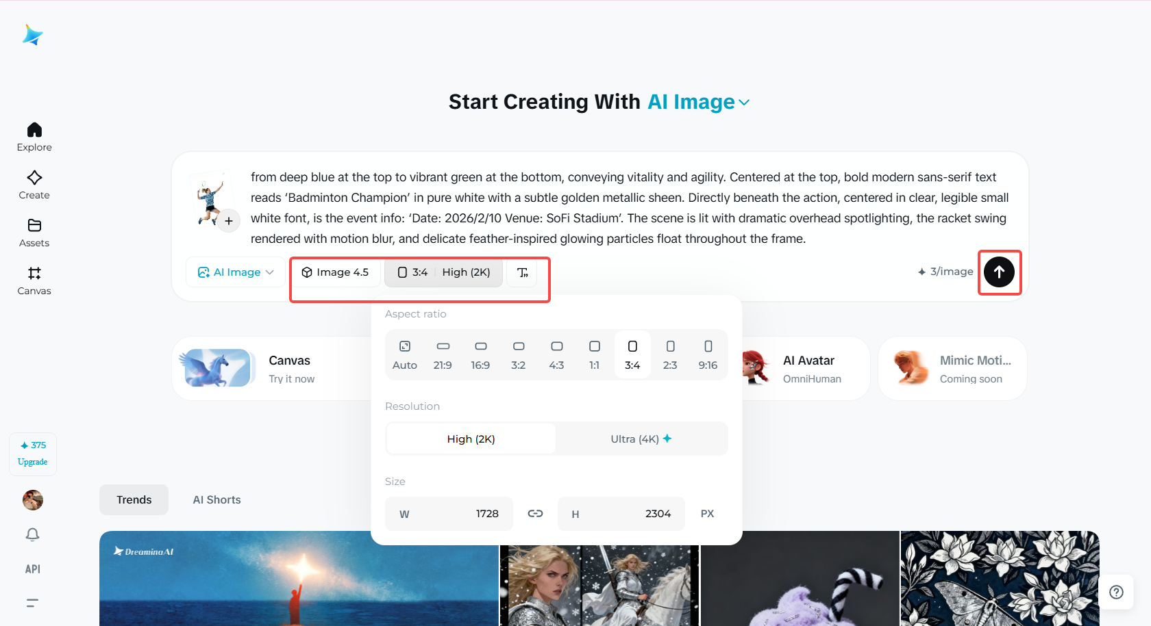 Escolha um modelo de IA, proporção e tamanho para o pôster de badminton