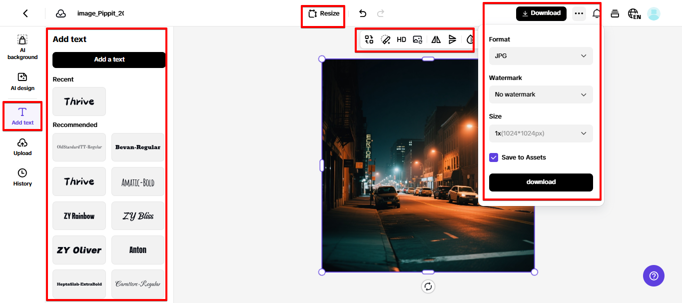 Pag-export ng larawan mula sa Pippit