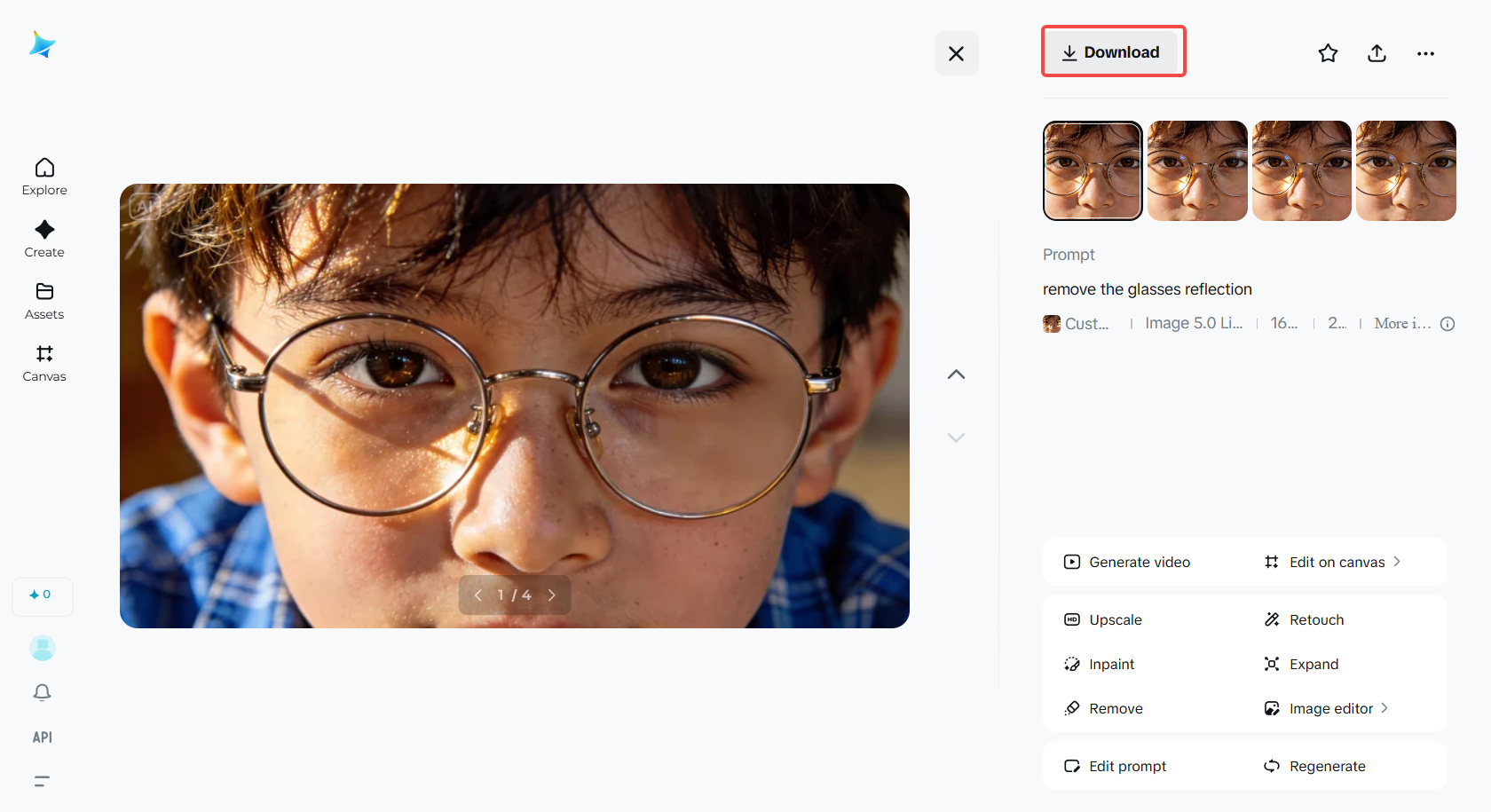 最終生成された反射フリー画像をダウンロード