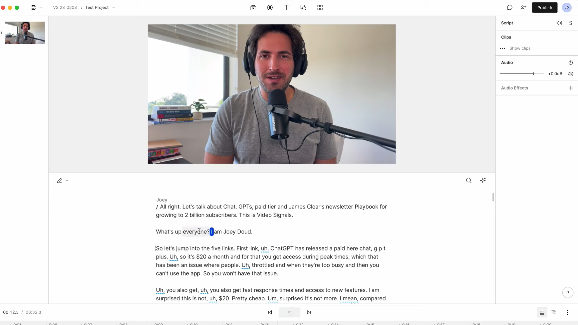 Interface do Descript - o melhor IA resumidor de vídeo