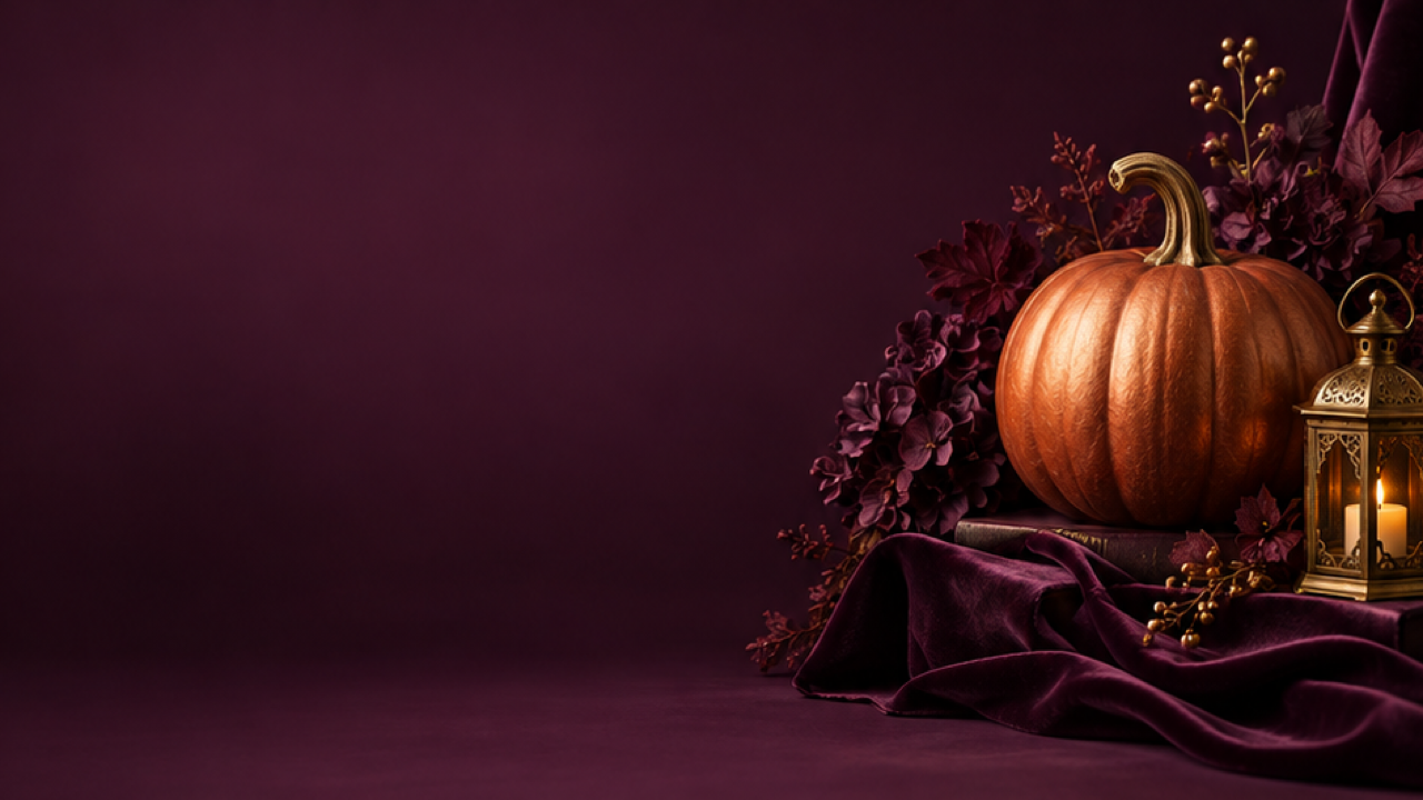 Copper pumpkin, plum velvet and brass lantern at far right of an aubergine retail-banner background.
