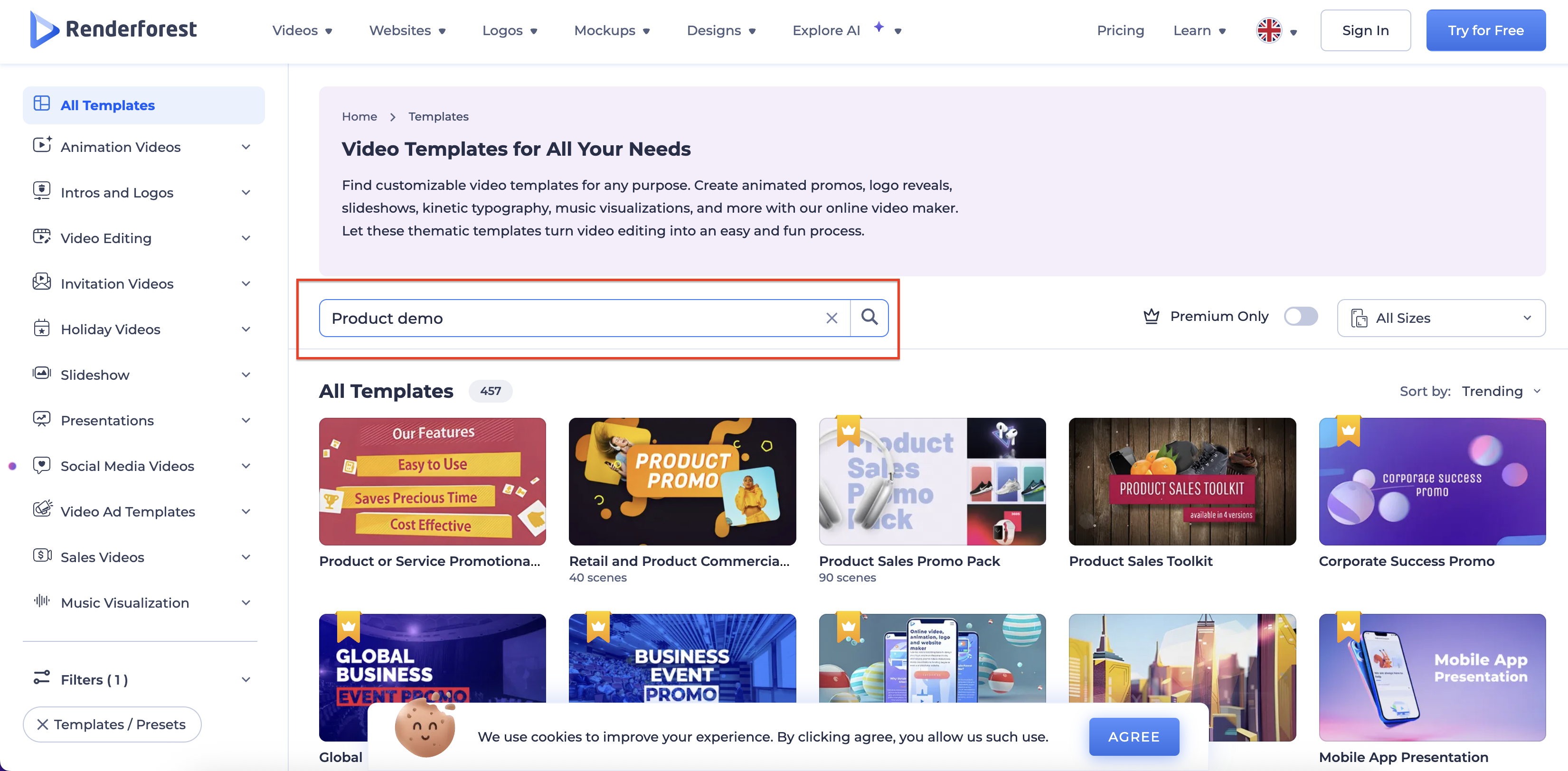 Renderforest template selection for product demos