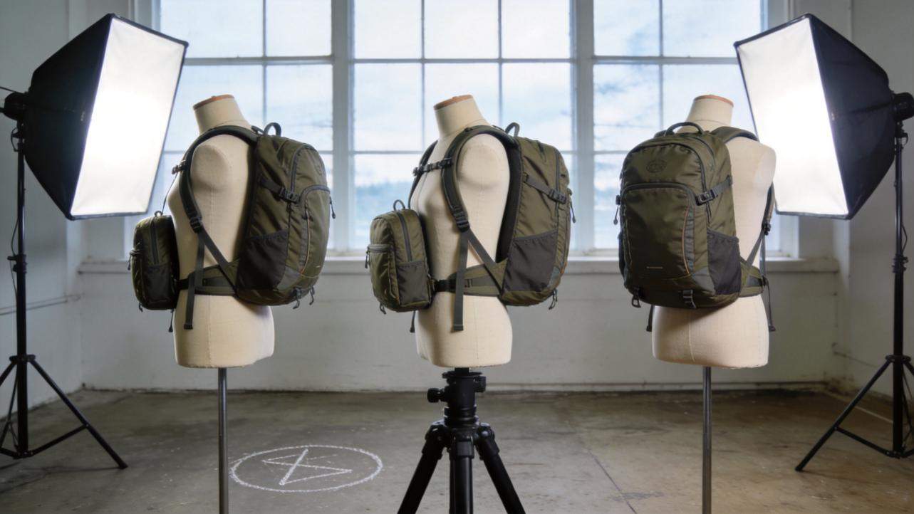 Three mannequins display green backpacks in a studio with two softbox lights