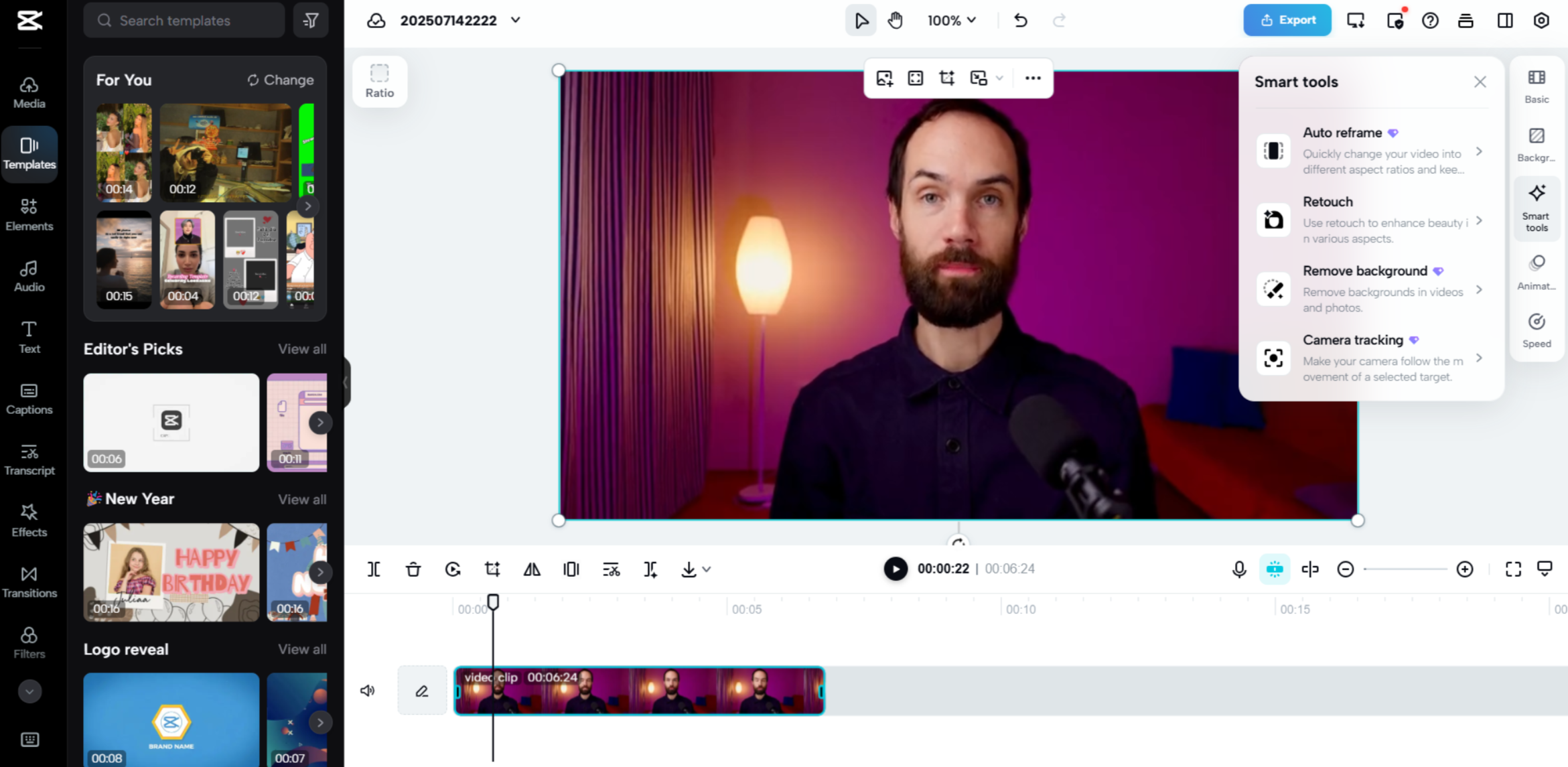 YouTube video editing interface of CapCut web