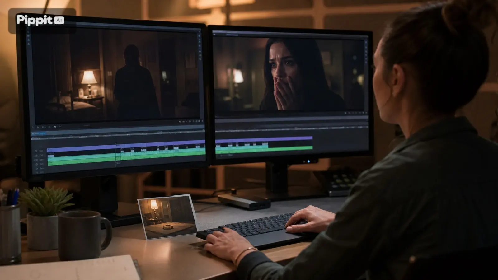 Il montatore video esamina una scena di suspense su due monitor con la timeline sotto