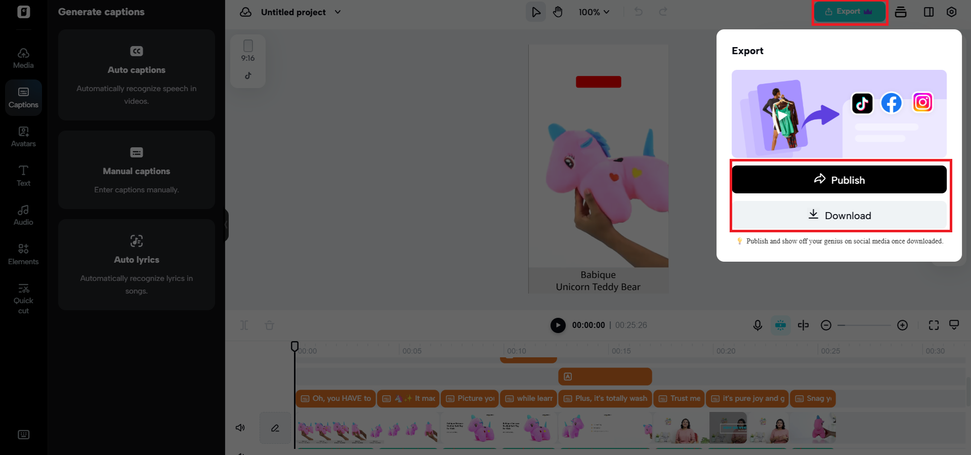 Publish or download the video