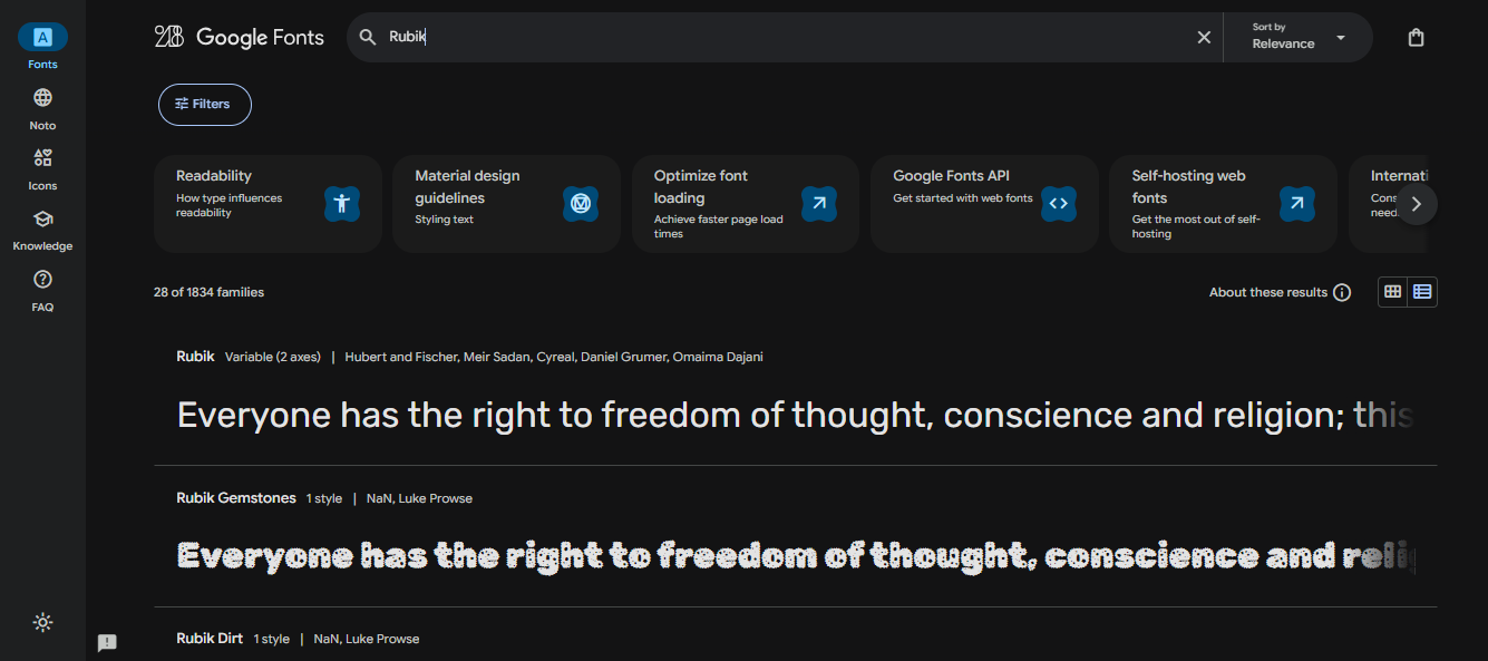 Google Fonts interface