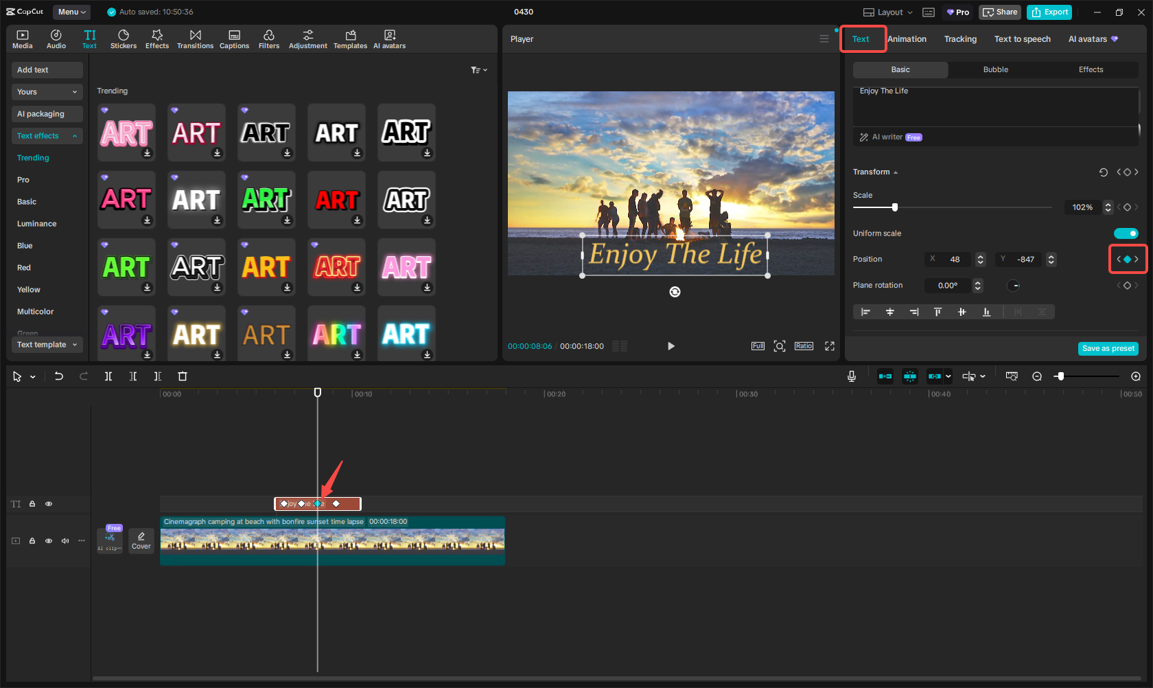 Adding keyframes for text animations in CapCut
