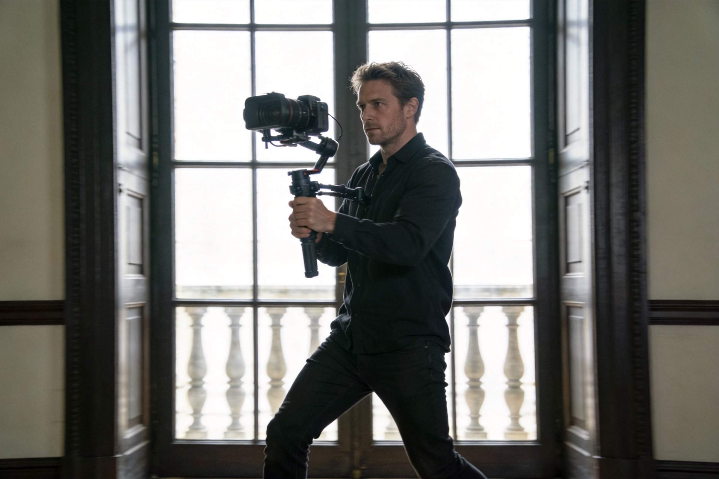 Man holding a camera on a handheld stabilizer in front of a bright window