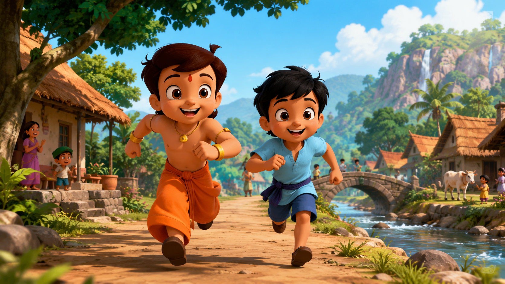 Dreamina Chota Bheem und Raju AI Video Prompt Beispiel 1: Village Adventure Run