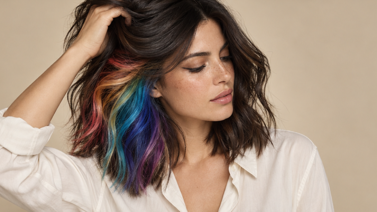 16: 9 ritratto del salone sul petto per adulti, capelli scuri lunghi fino alle spalle sollevati da una mano per rivelare sottostrato di corallo, oro, turchese, cobalto e orchidea, camicia color crema e caldo studio minimalista beige.