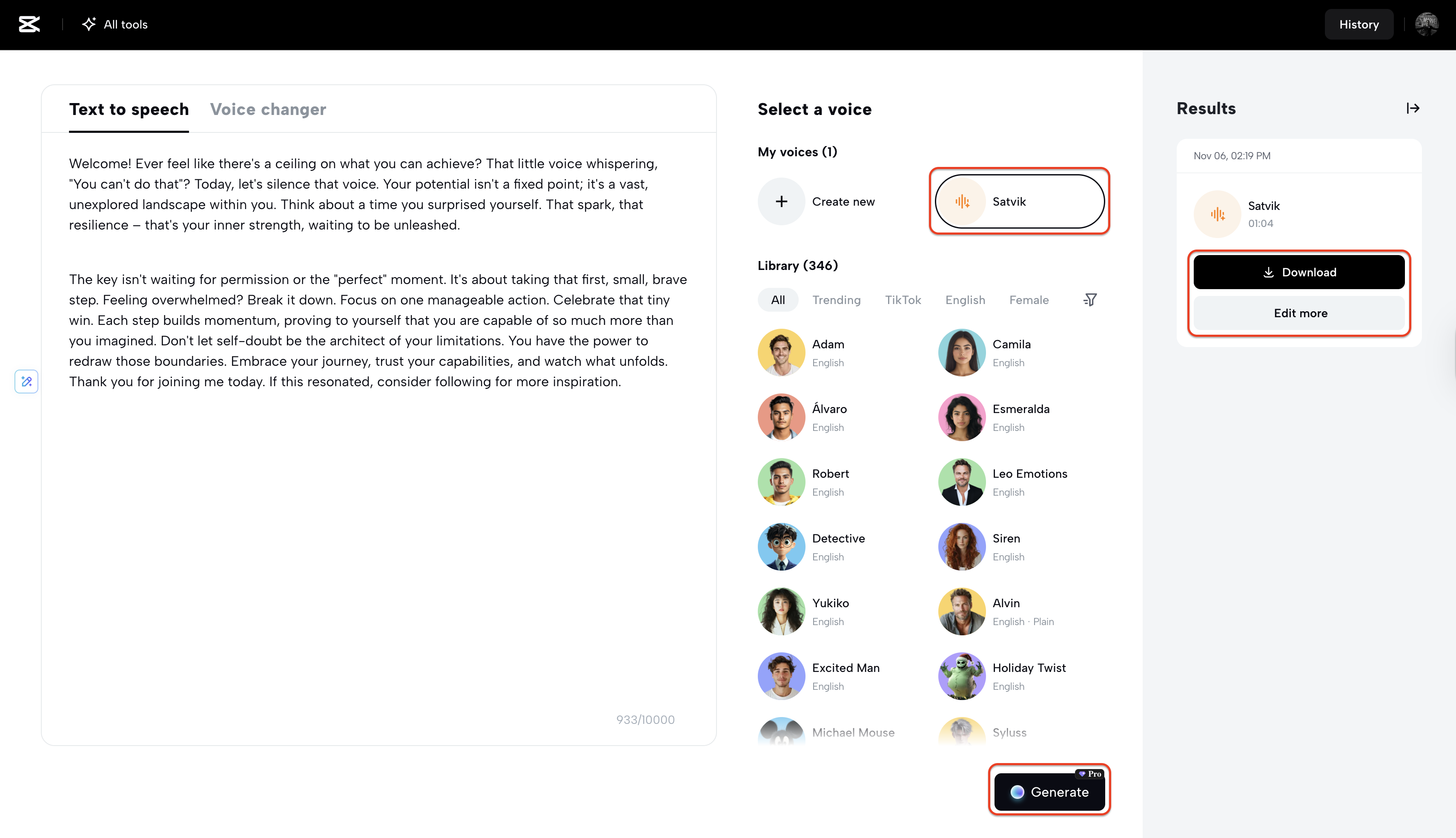 Generate and download your cloned voice