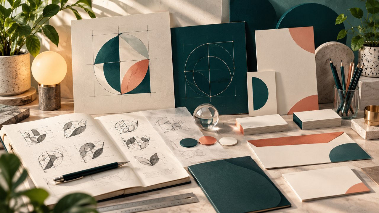Geometric emblem sketches and vector curves beside blank stationery