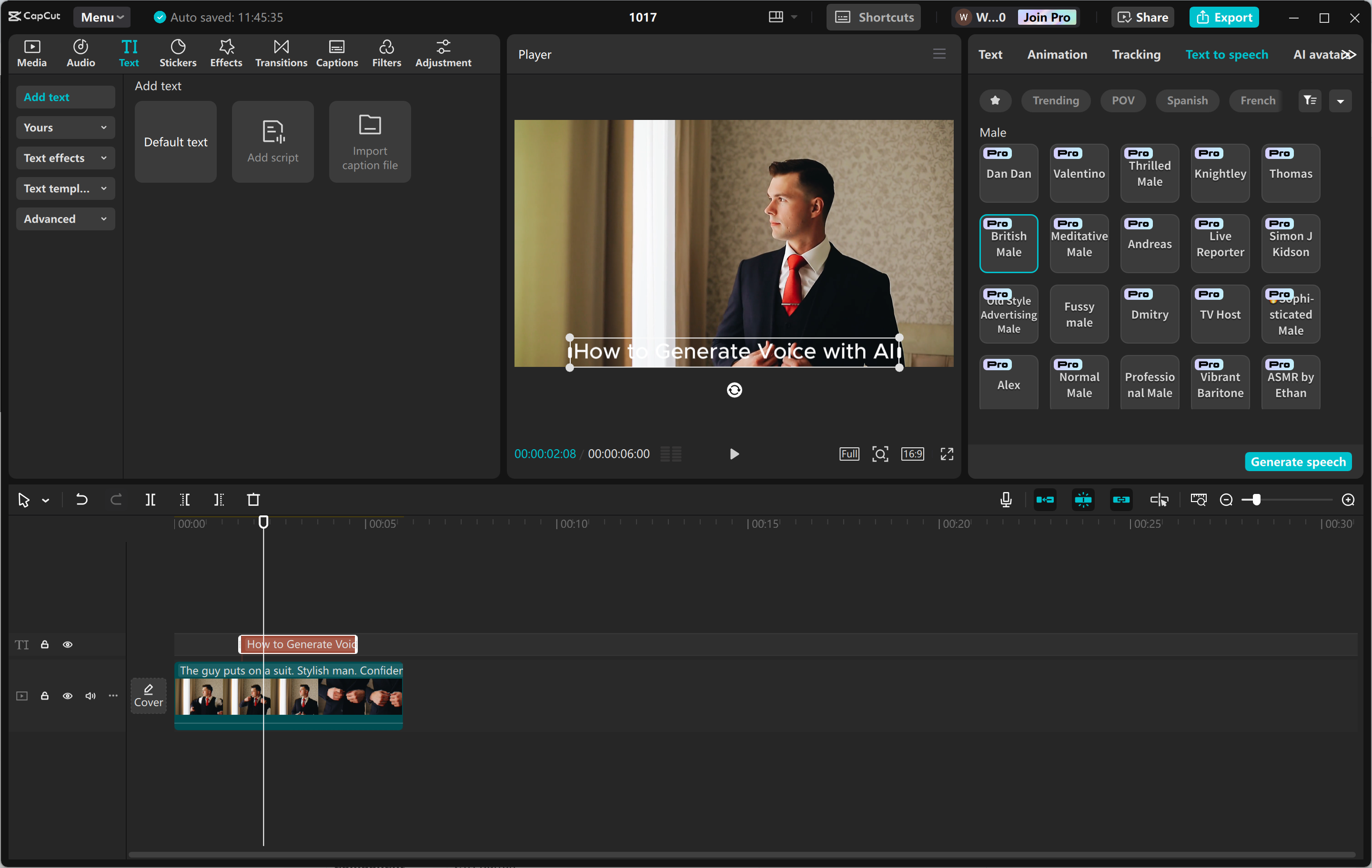 Interfaccia dell' CapCut editor video desktop: il modo migliore per generare la voce AI britannica