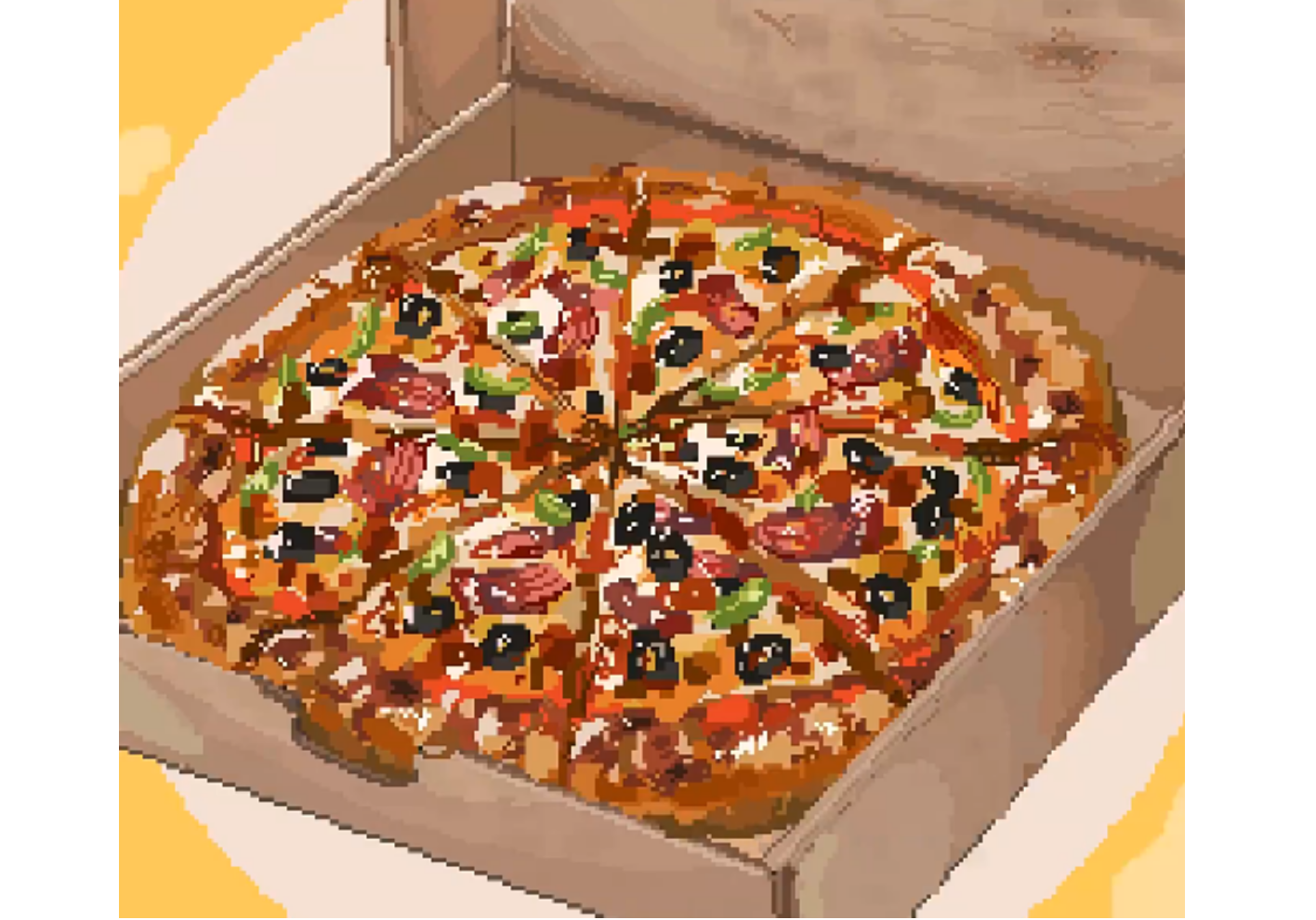 Pixel art of an open pizza box with toppings