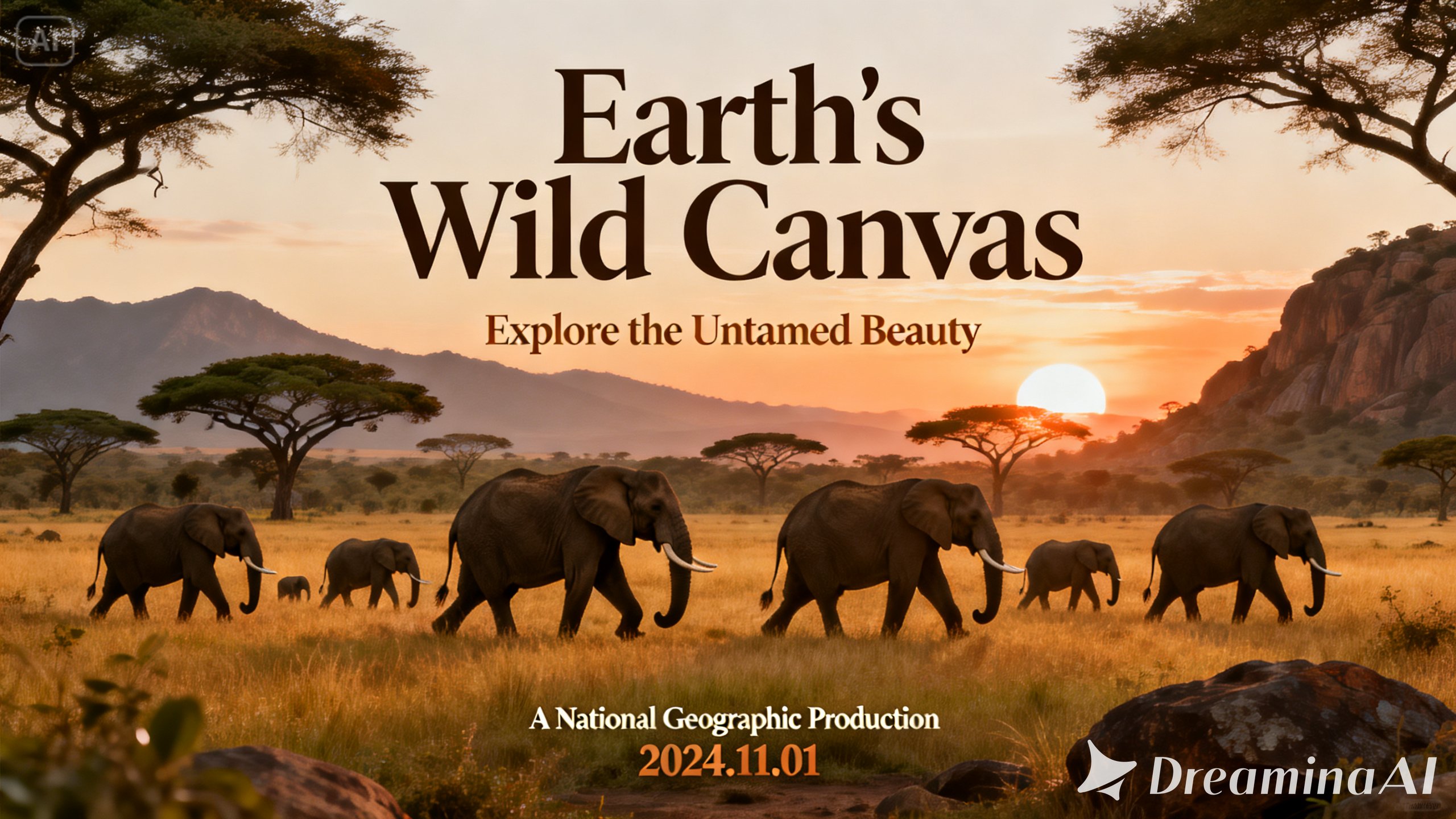 Documentary poster with beautiful nature and wildlife pictures with natural and earthy colouring and theme.