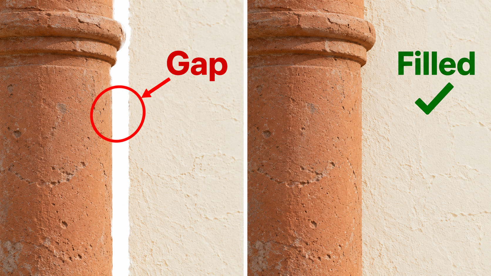 Conceptual Gap and Filled examples showing missing versus continuous wall beside a pillar