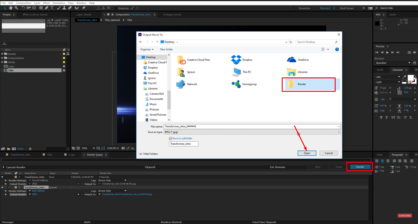 Selecting output location and rendering After Effects PNG sequence
