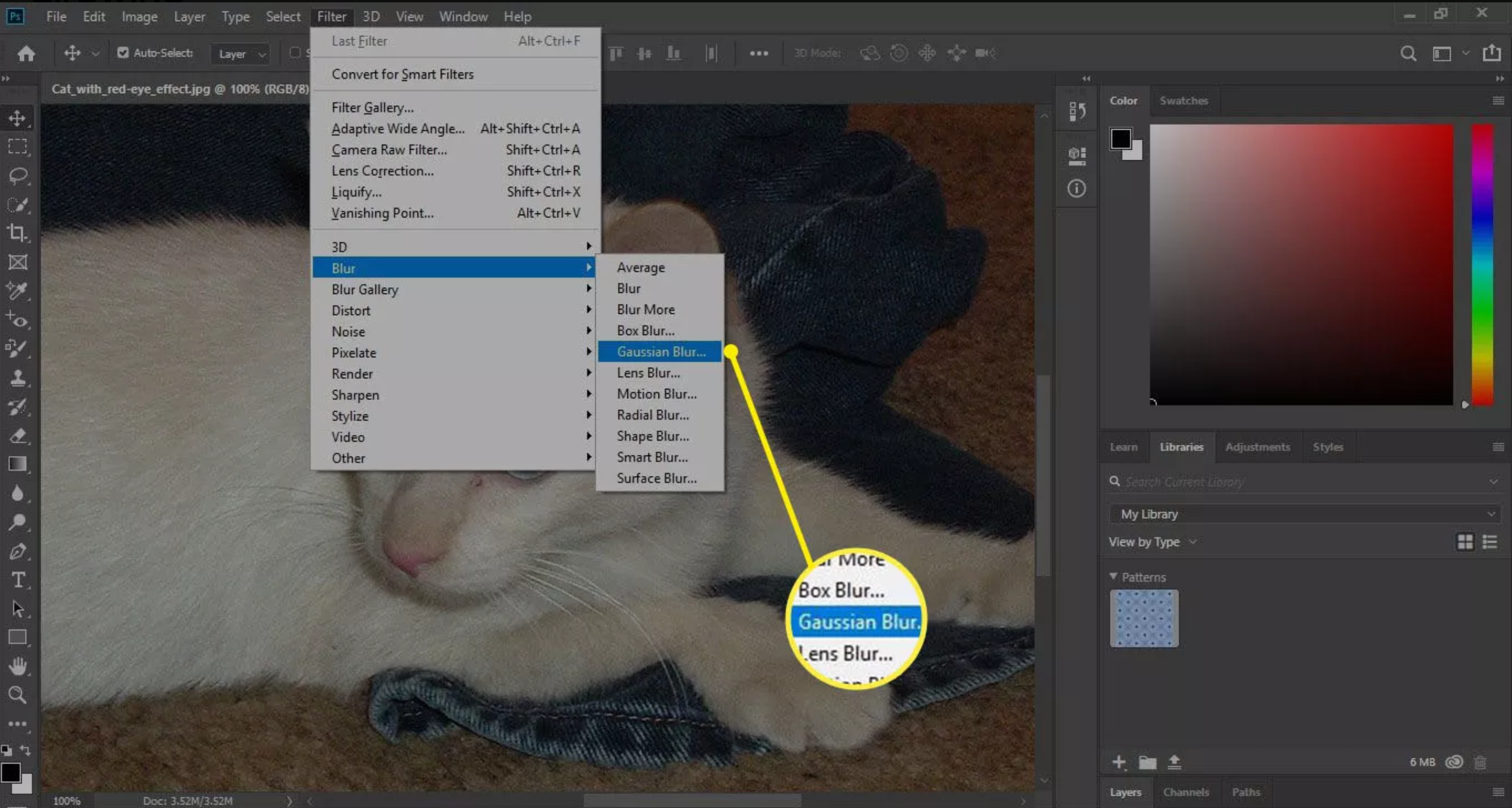 Paint over the red areas in Photoshop for red eye reduction