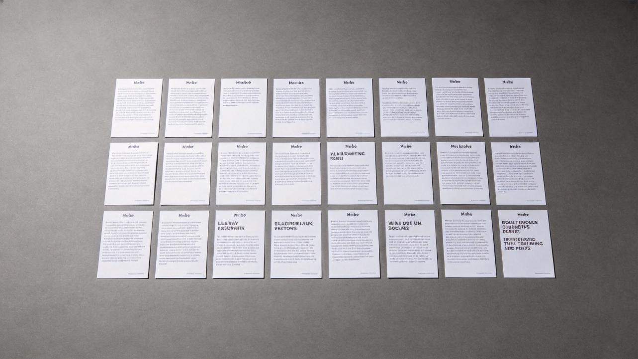 Rows of printed pages with large headings and dense text on a gray surface
