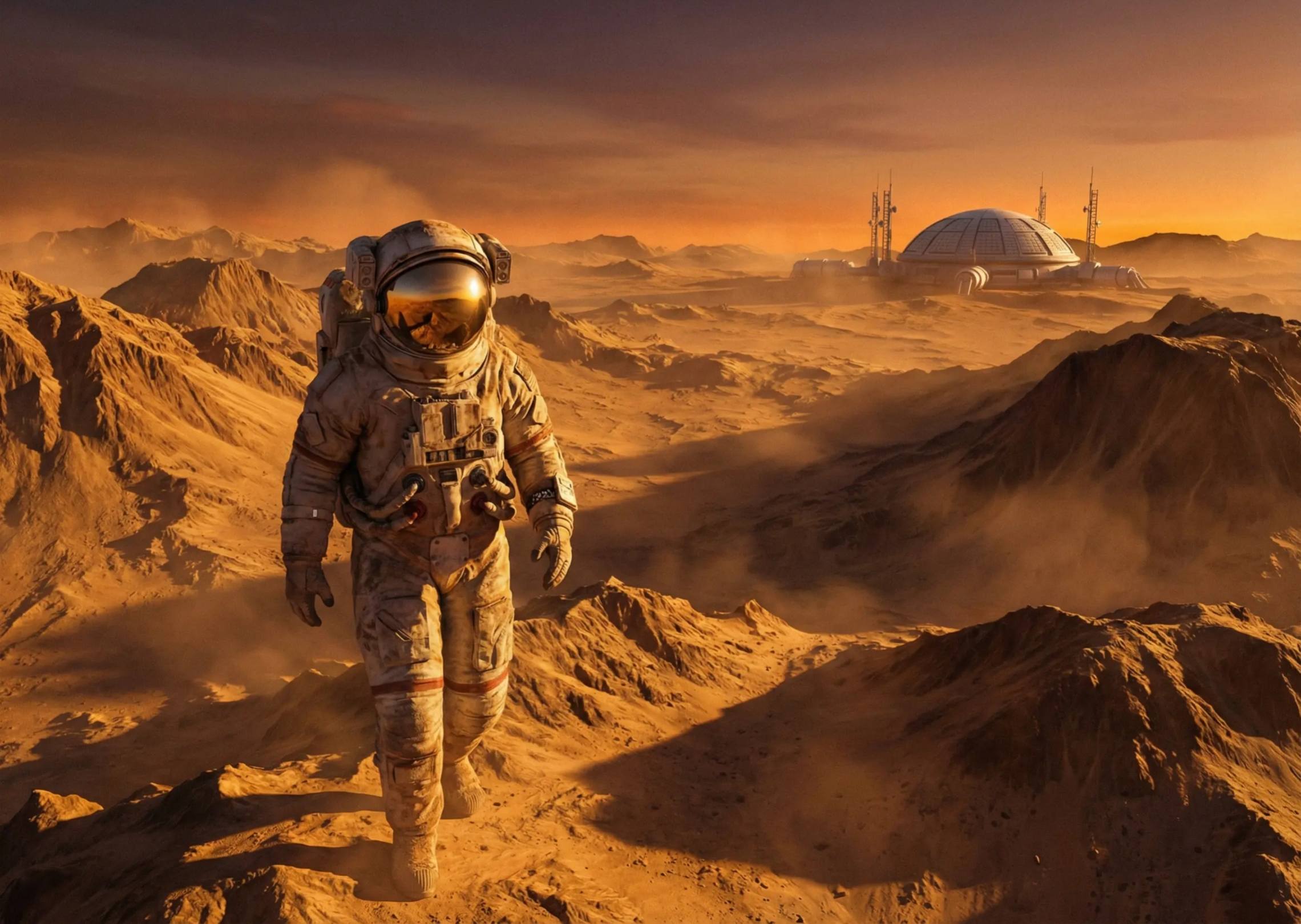 Engebeli Mars dağlarında yürüyen yalnız bir astronot