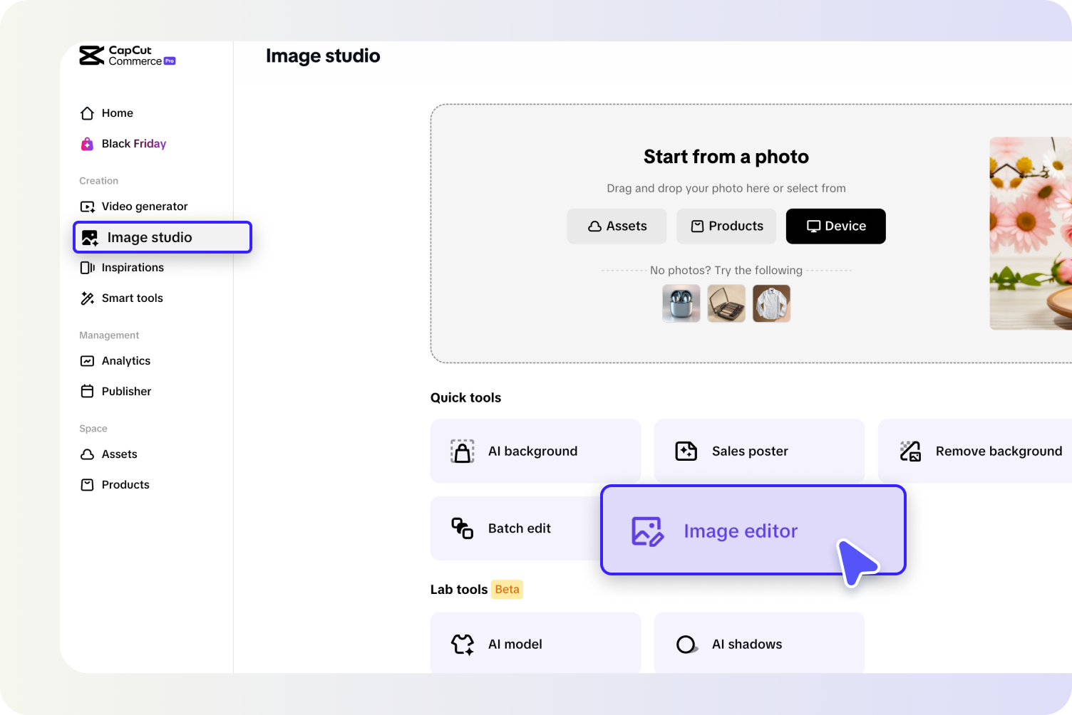 description=The Pippit Image Studio interface showing the 'Upscale Image' option being selected and the upload area where a user can drag and drop a file.