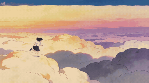 Girl running across fluffy clouds at sunset with a pastel sky