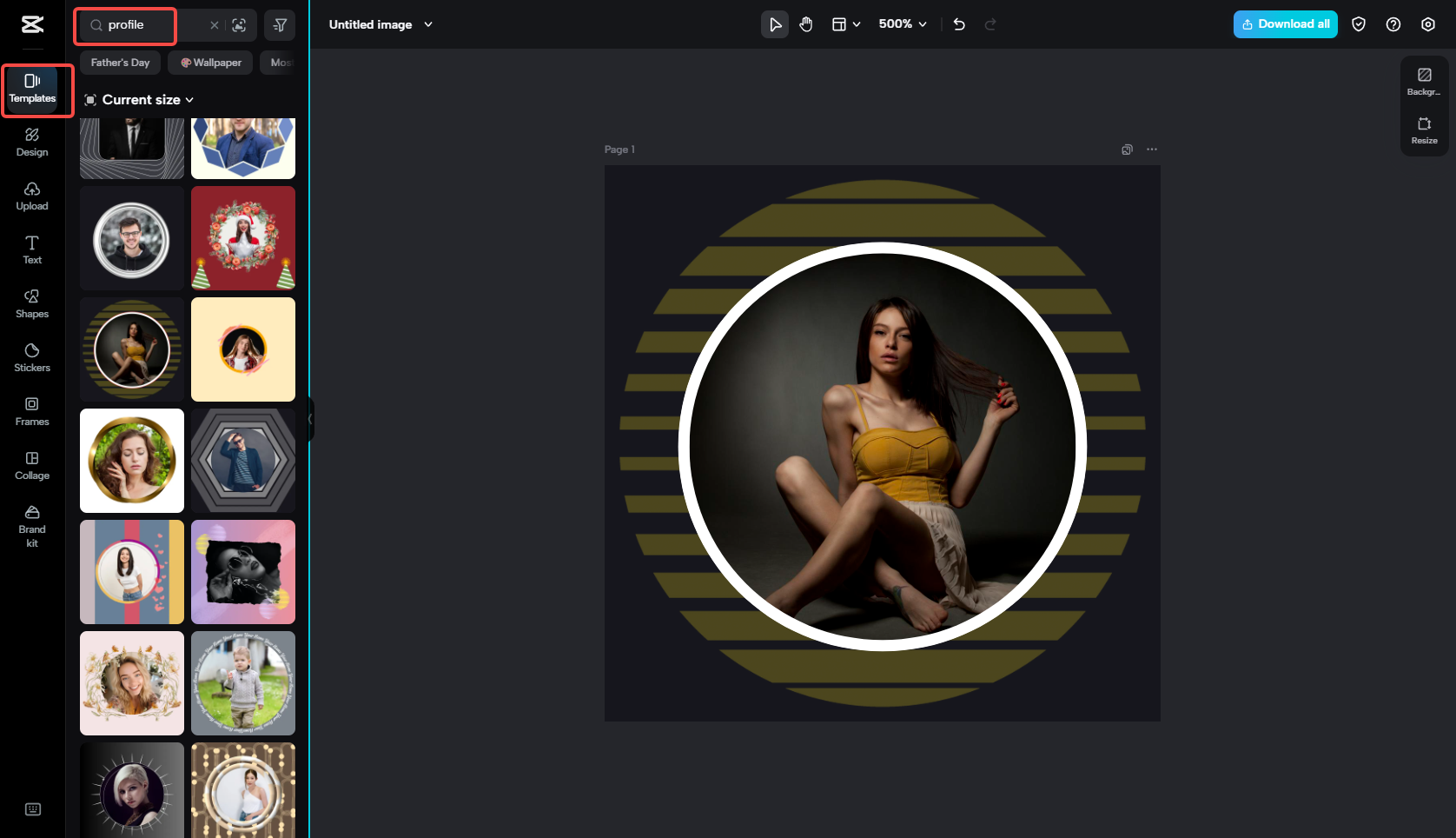 Selecting a profile picture template in CapCut