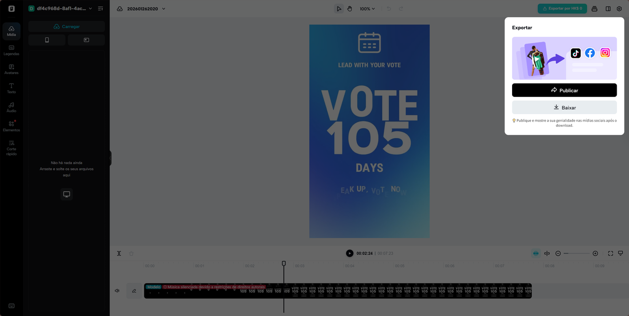 Exportação de vídeo com música gerada por IA pronta para download