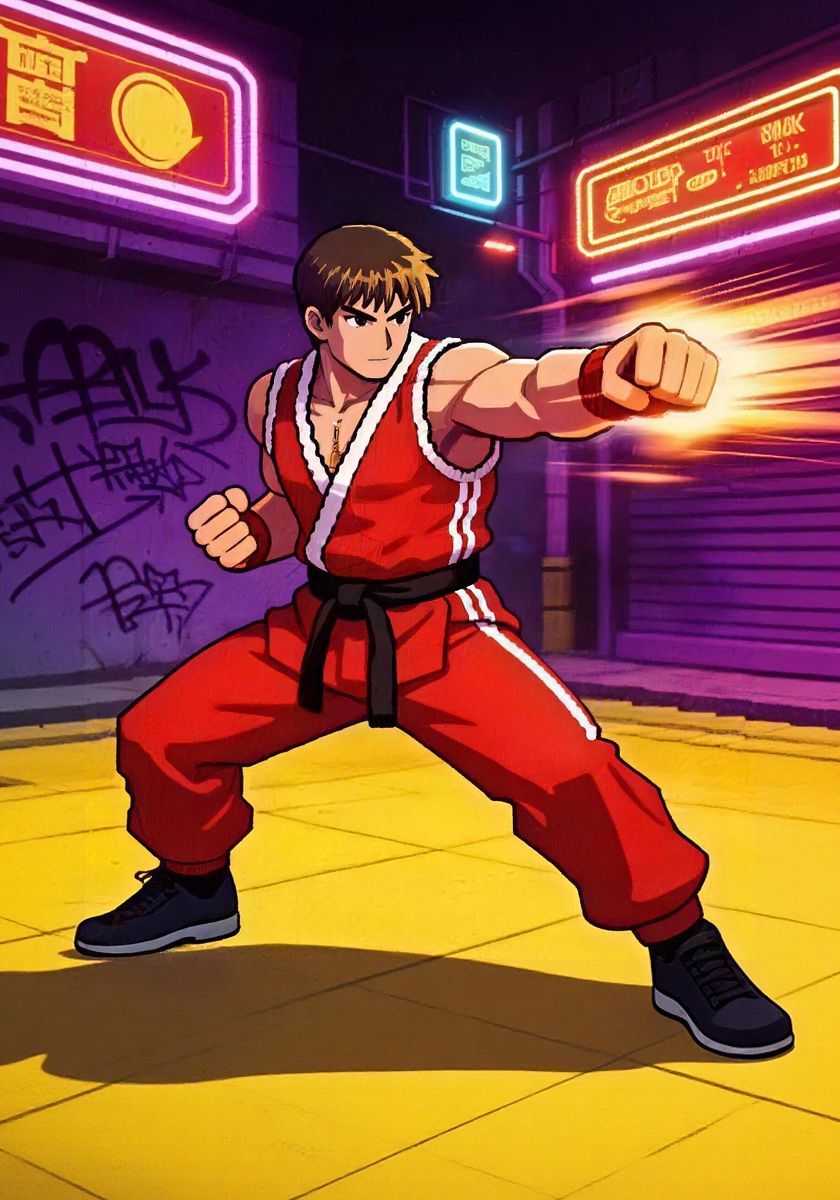 Make the characters from Image 1 and Image 2 fight using the movements from the green-screen reference video. Setting: abandoned parking lot. Add visual effects during combat.