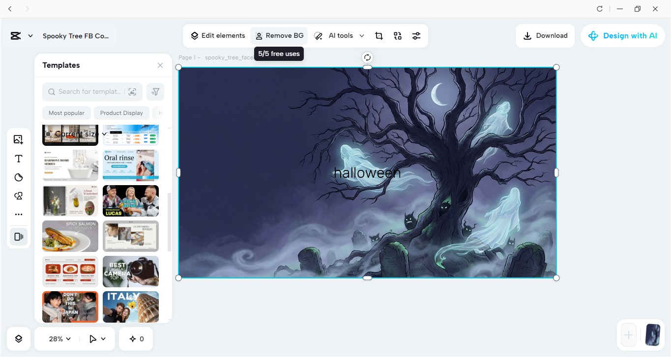 CapCut interface to make and customize Halloween cover photos for Facebook