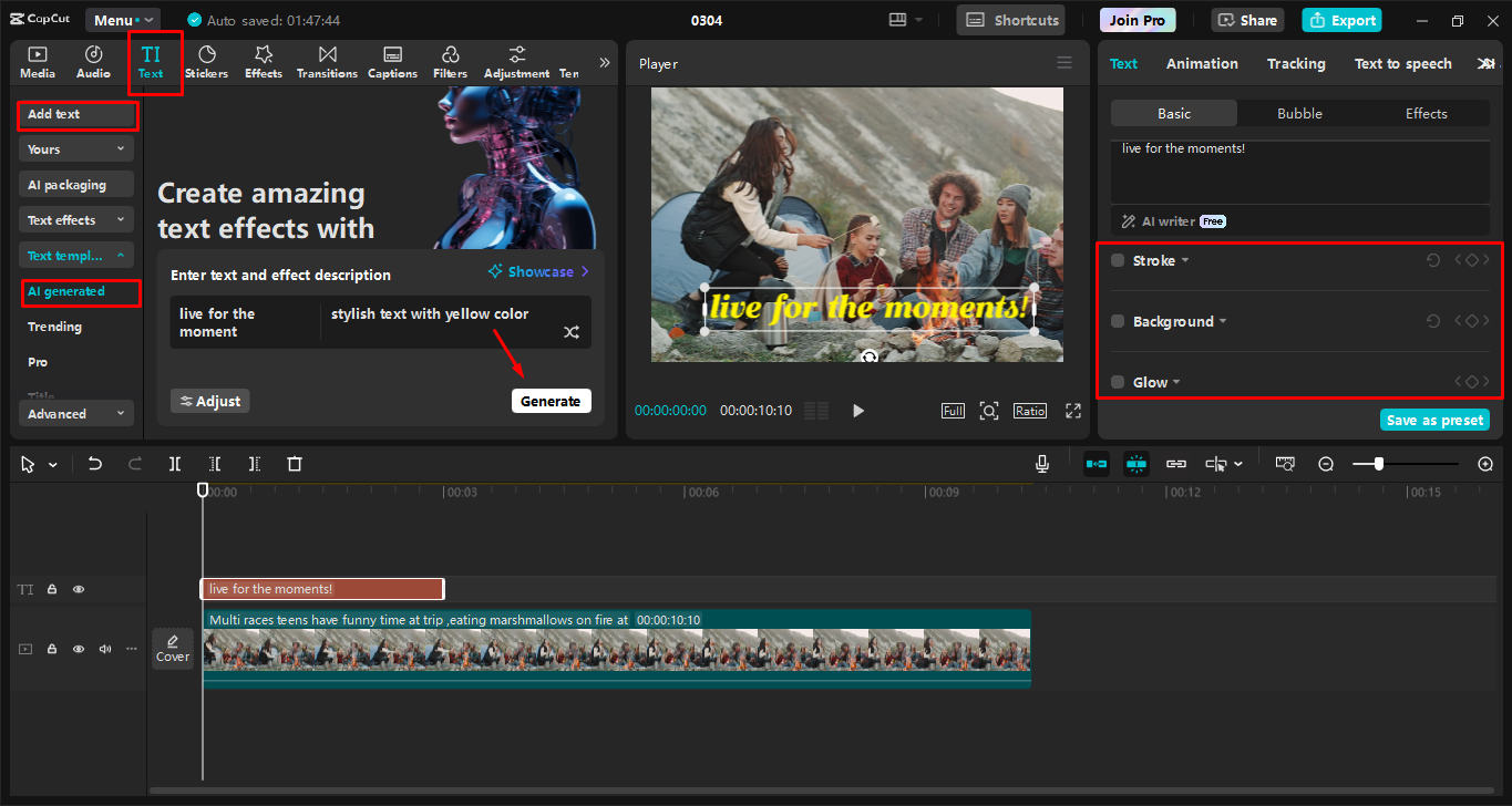 Adding text and generating AI fonts in the CapCut desktop video editor