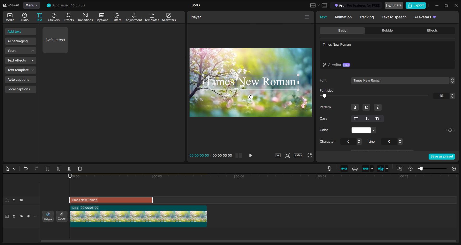 Interface of the CapCut desktop video editor - an easy way to add Times New Roman font to videos