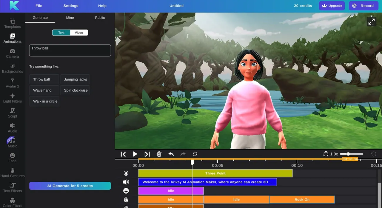 Antara muka laman web pembuat animasi 3d - Krikey.AI untuk mencipta animasi 3D