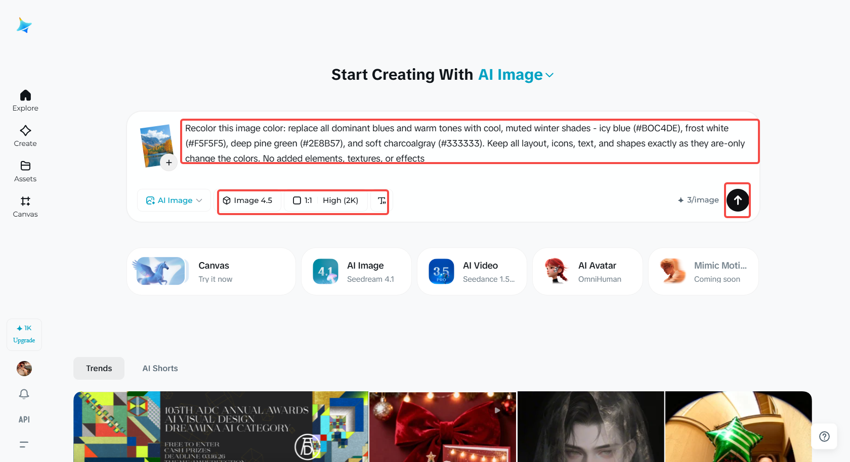 Upload an image and enter text prompts for image coloring with Dreamina