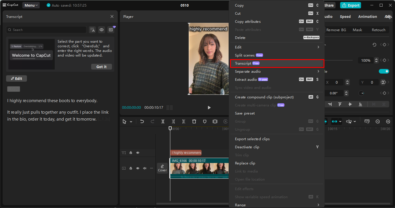 Transcribing the video for free in the CapCut desktop video editor
