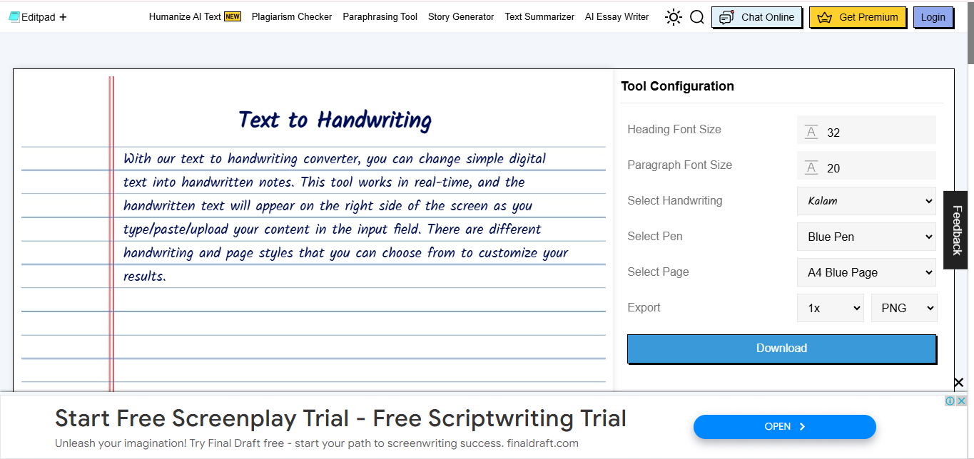 Interface of Editpad - the best tool to write handwritten text online