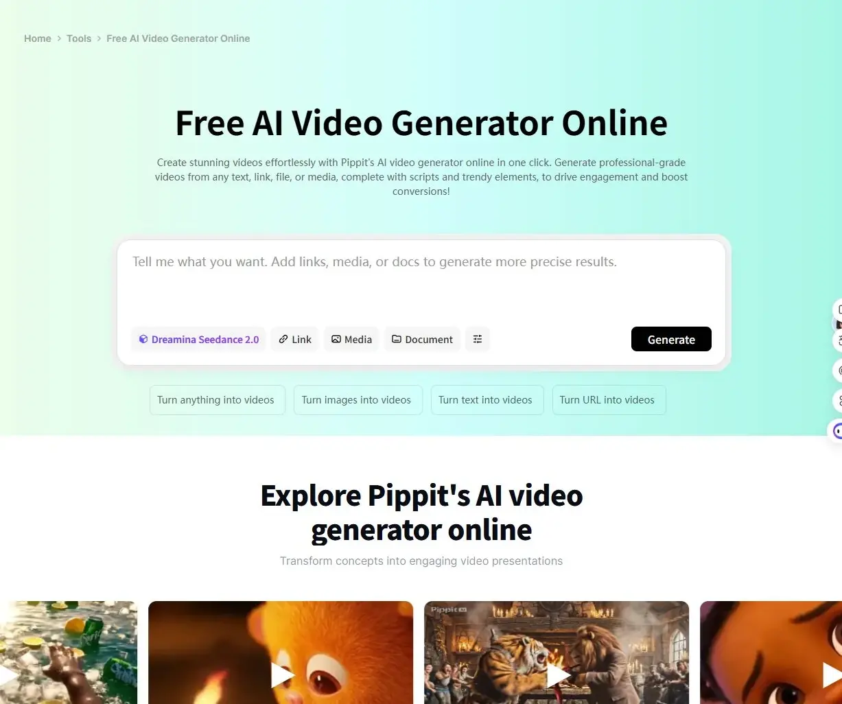 Ingyenes AI videógenerátor oldal szövegdobozzal, Generálás gombbal és videóminta-bélyegképekkel