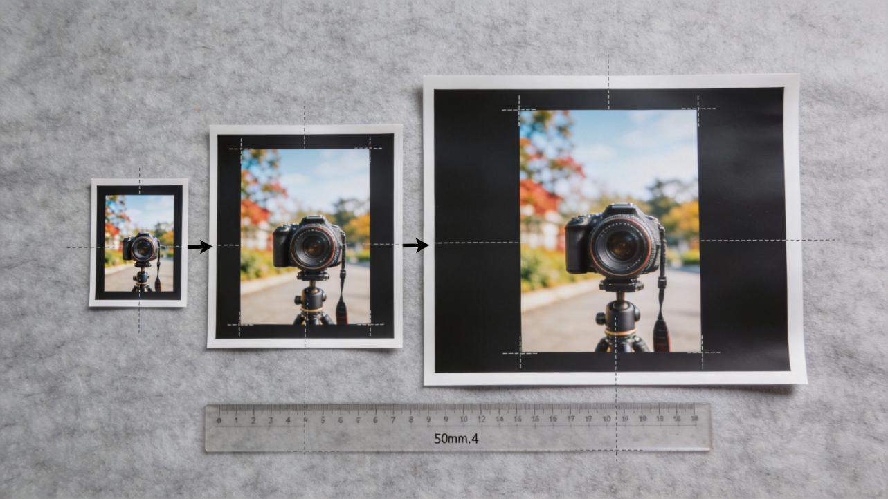 Three framed camera photos grow larger with arrows, illustrating canvas expansion