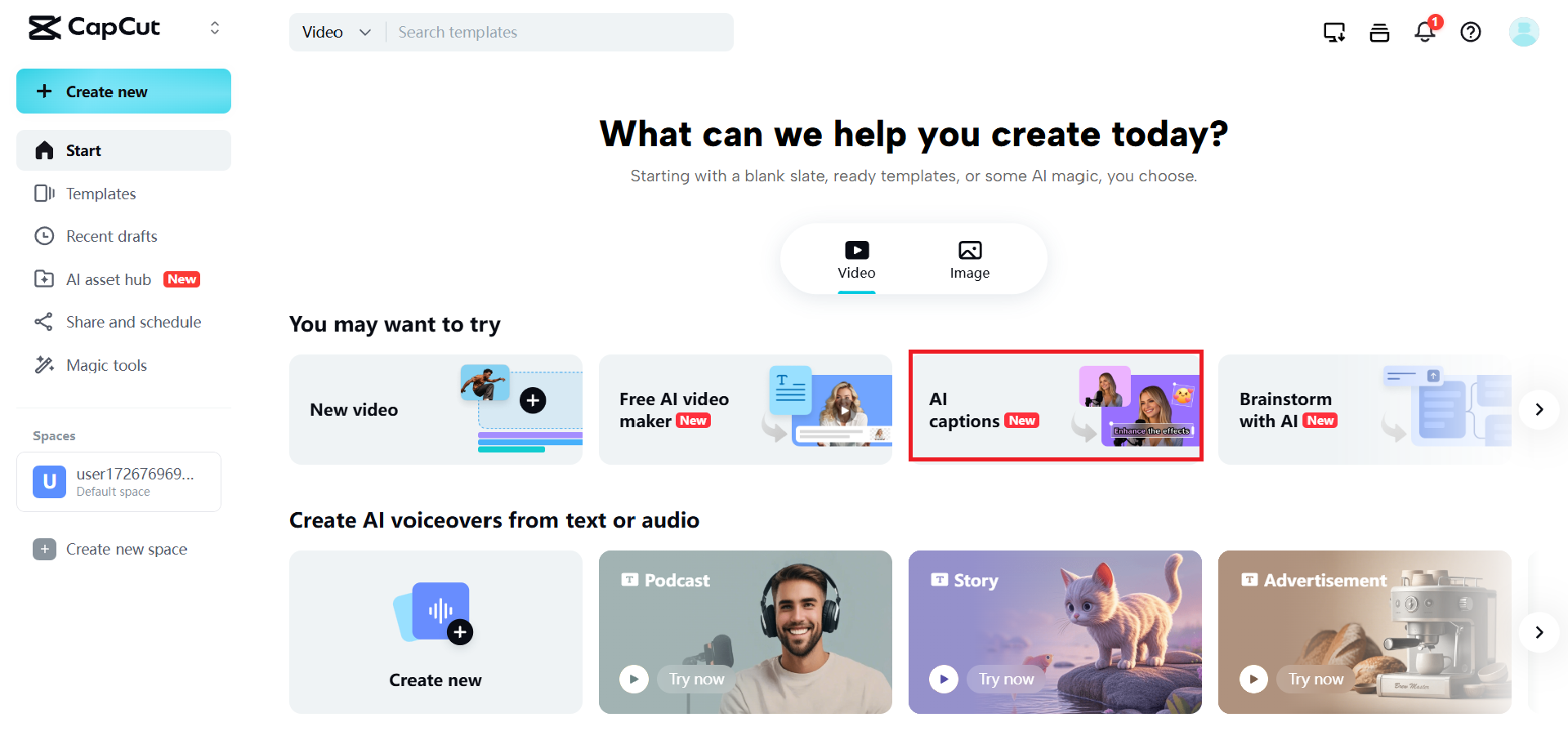 Нажмите на «AI captions» и загрузите ваше видео