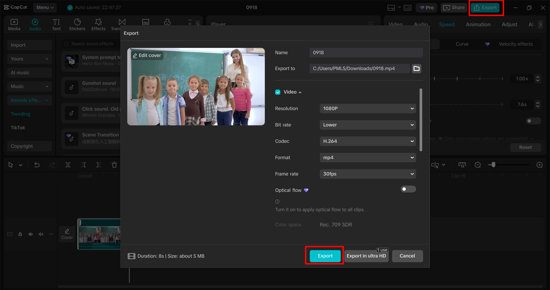 Exporting and sharing the video from the CapCut desktop video editor