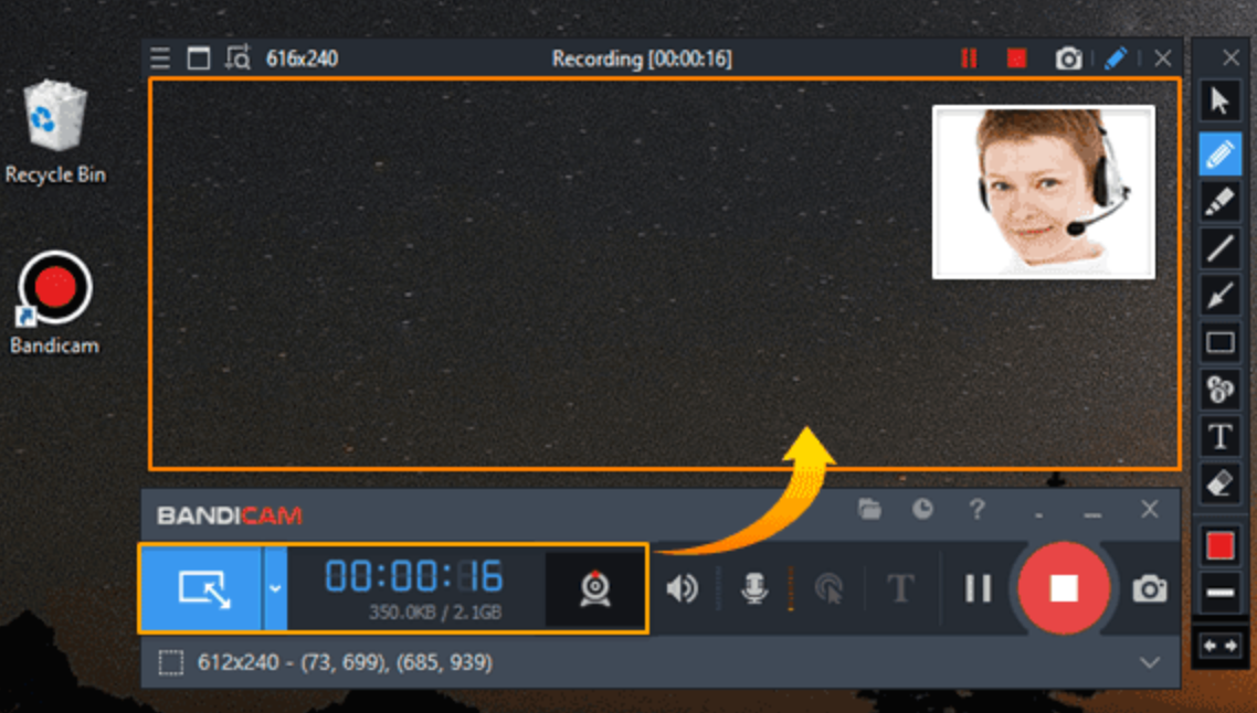 อินเทอร์เฟซของ Bandicam - เครื่องบันทึกหน้าจอฟรีที่ดีที่สุดสำหรับแล็ปท็อป HP